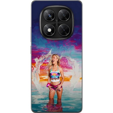 Yhteensopiva Puhelinkuori Xiaomi Redmi Note 14 Pro Vaalea nainen kirjavia rantavaatteita pelaa meressä auringonlaskun aikaan