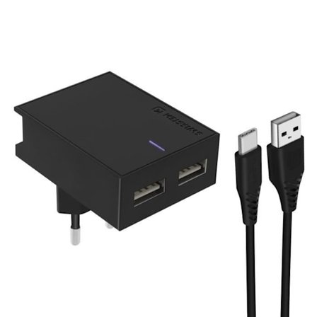 Laddare med dubbla USB-portar - Swissten - Slim Series - 3A - USB-C-kabel 1.2m - Smart IC