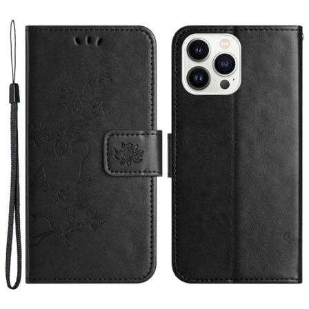 Perhoskuvioitu nahkakotelo iPhone 15 Prolle, musta