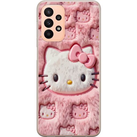 Yhteensopiva Puhelinkuori Samsung Galaxy A23 Hello Kitty vaaleanpunainen pörröinen tausta, jossa on ikoninen kasvot ja kawaii-esteettisyys