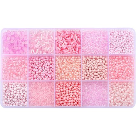 Mix 15 Farger Glassfrø Perler Rør Perler Glass Bugle Perler Løst Sett for Smykkefremstilling DIY Håndverk Perler (Mix 15 Farger, Rosa) Rosa Mix 15