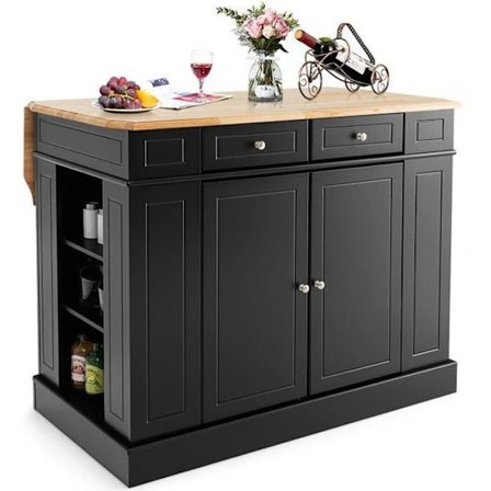COSTWAY Köksvagn Central Kitchen Island - Vikbara bänkskivor, lådor, 2 dörrar, justerbar hylla - Svart
