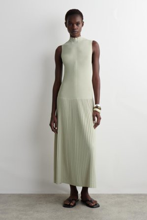 COS Women's Pleated High-Neck Maxi Dress in Green