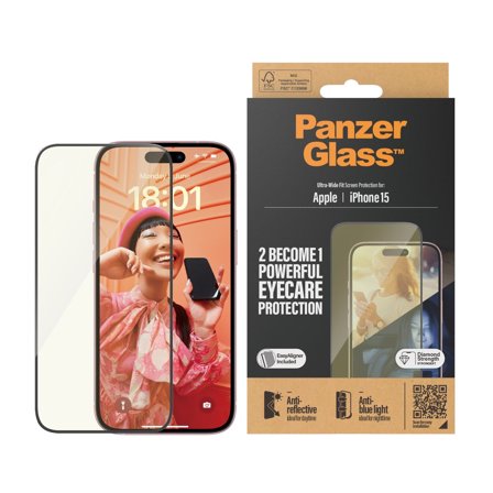 Panzer Eyecare Screen Protection iPhone 15 | Ultra-Wide Fit w. EasyAligner PanzerGlass - High quality tempered glass screen protector