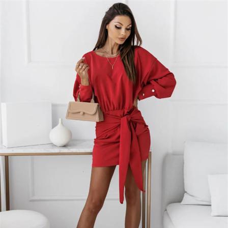 Knot Front Belt Solid Bodycon Dress Autumn Drop Shoulder Long S