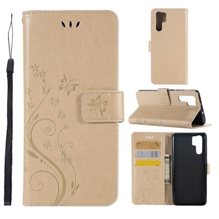 Huawei P30 Pro Lommeboketui I Skinn Med Blomster Og Sommerfugltrykk - Gull