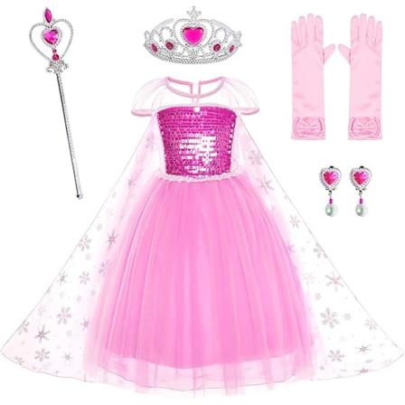 Festlig Chili Prinsesse Kostume Fødselsdagskjole til Piger med Krone, Kæp, Handsker Tilbehør 3-12 År Pink 120cm