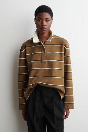 COS Women's Striped Long Sleeve Polo Shirt in Brown