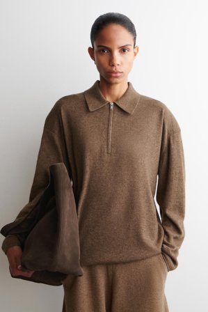 COS Women's Merino Wool-Yak Zip-Up Polo Shirt in Brown