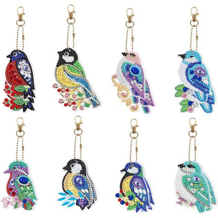 8 kpl 5D timanttitaide ja askartelu maalaus avaimenperä, linnunmuotoinen täysporaus timanttitaidesarja avaimenperä, mosaiikki timantti askartelu 