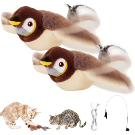1/2-pakke Interaktiv Elektrisk Katteleke Fugl med Bevegelsessensor – Flaksende Fugl med Lyd for Innekatter