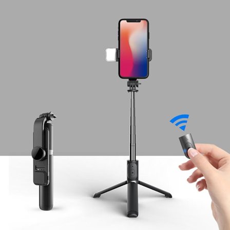 Sort - 1 stk. Selfie Lightening Tripod Bluetooth Selfie Stick Lang