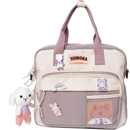 Kawaii rygsæk med søde pins og plys vedhæng pige skuldertaske skoletaske sød rygsæk rejse rygsæk (Lilla)