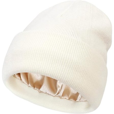 Strikket hue - Vinterhue - Varm hue - Hue med satinfor - Varm vinterhue - Strikket vinterhue med opsmøg - Silkefor - Blød strikket hue