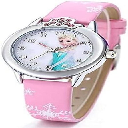 Vaaleanpunainen lasten kello nahkarannekkeella, kuvio: Frozen, ELSA täysin Frozen, kellon ranneke, kellon ranneke