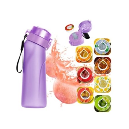 Luftvannflaske med smakskapsler, 650 ml lekkasjesikker sportsdrikkeflaske med sugerør og lilla håndtak