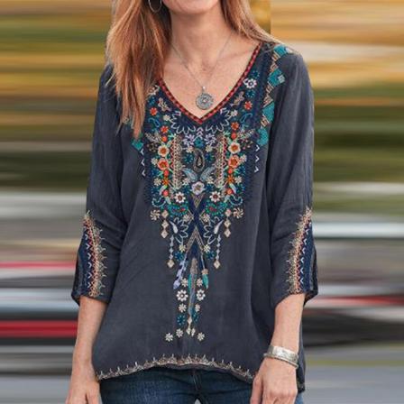 T-shirt Med V-ringad Broderad Tröja För Damer