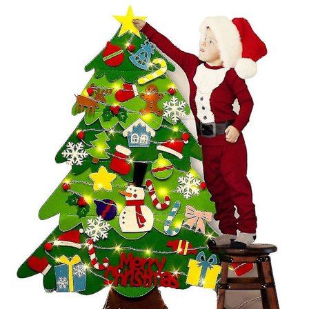 Filt Juletræ, Jule DIY Dekoration, Juletræ Med 32 Stk Ornamenter Vægdekor Med LED Lys Til Børn Hjem Dør Vægdekoration