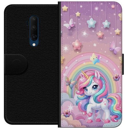 Kompatibelt Lommeboketui til OnePlus 7T Pro Magisk enhjørning med regnbue manke, stjerner og sommerfugler mot en pastellhimmel med skyer