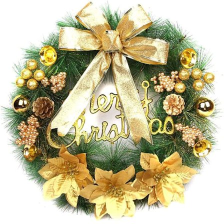 Julkransar för ytterdörr, 40 cm julkrans vinter konstgjord julgirlang dekoration med rosett blommor boll (guld)