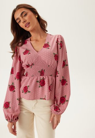 Bubbleroom - V-neck Smock Blouse - Pink/Patterned - Kläder