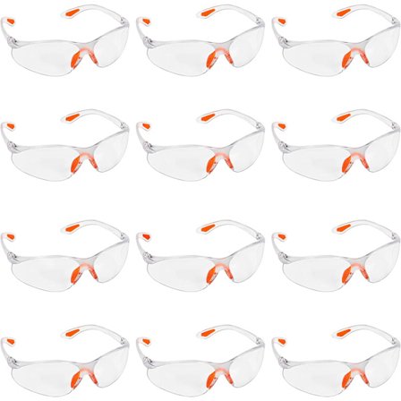 Pakke med 12 klare sikkerhedsbriller - Beskyttelsesbriller med plastiklinser, næsebro og gummi-tempelfødder til Co
