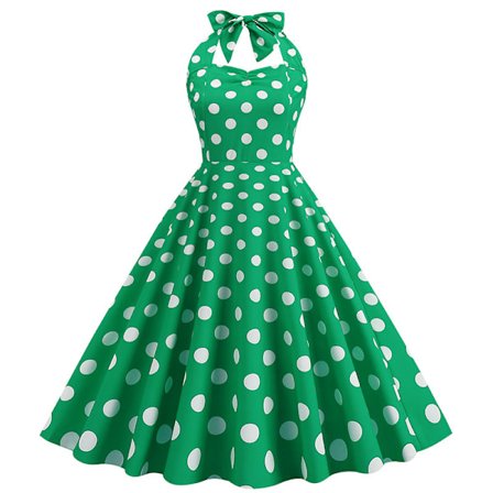 Kvinnors Retro Hepburn Stil Tryckt Casual Klänning 50-tals Mode Polka Dot Halter Neck Ärmlös Midilång Klänning