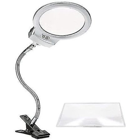 LED-belyst glasbordlampe med metalforstørrelsesglas, slangeklemme