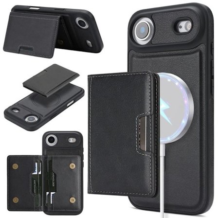 iPhone 17 Pro Air, magneettinen korttikotelo, keinonahkainen puhelinkotelo, musta