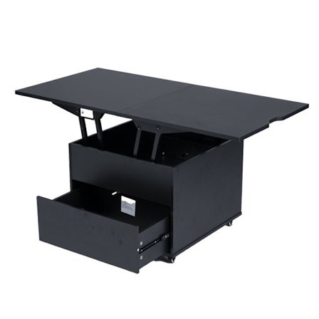 3 i 1 Sofabord med Hæveplade COSTWAY, Skjult Opbevaring, Skuffe og Låsebare Hjul 360°, Sammenklappeligt Stuebord Sort
