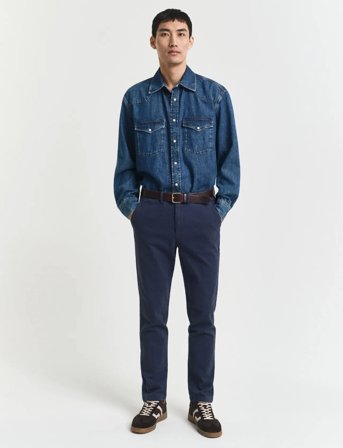 GANT Slim Cotton Herringbone Pants - Blue - 30 x 32