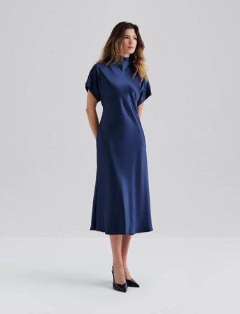 Malina Alivia Short Sleeve Satin Midi Dress - Navy - XL