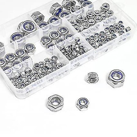 165 deler 304 rustfritt stål nylon låsemutter sortimentsett