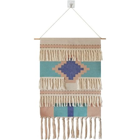 IC Makrame vævet vægophæng Hængende kunst, 20" B x 34" H Ekstra stor Boho Chic Bohemian Marokkansk Geometrisk Gobelæng Dekoration (Abstrakt Blå-007)