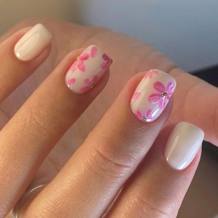 30 st Heltäckande Självhäftande Naglar Blommor Press-on Naglar Korta Fyrkantiga Lösnaglar