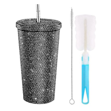 Glitter Tumbler med børste, rhinstenbesat tumbler, rustfri stål, isoleret flaske, funklende