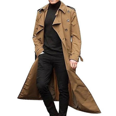 Lang Trenchcoat for Menn Jakkeslag Overfrakk Casual Jakke Ensfarget Overdeler