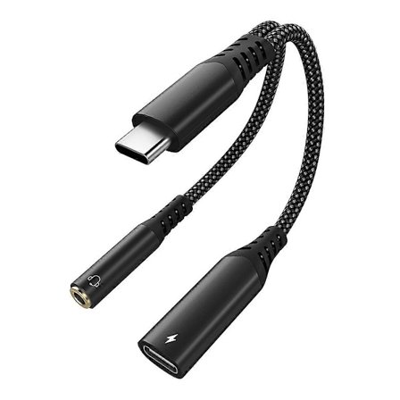 USB C til 3,5 mm hodetelefon- og laderadapter, 2-i-1 USB C til Aux-kontakt Dongle-kabel med PD 60W