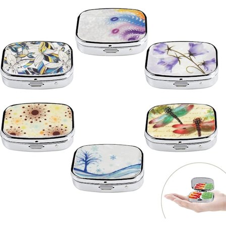 Pakke med 6 pilleæsker, pilleetui, pilleæske, metal med L, 2 rum, bærbar rejse