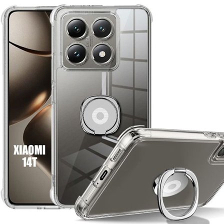 Coque för Xiaomi 14T, Stötabsorberande Silikon med Rotterande Silverstöd - Transparent