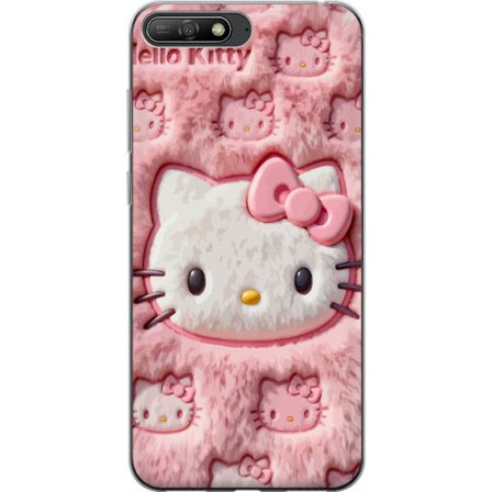 Kompatibel Mobilcover til Huawei Y6 (2018) Hello Kitty lyserød fluffy baggrund med ikonisk ansigt og kawaii-æstetik