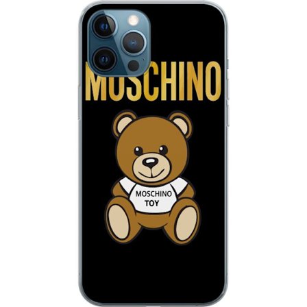 Kompatibelt Mobilskal till Apple Apple iPhone 12 Pro Moschino-inspirerad nallebjörn med text på tröjan, centrerad mot svart bakgrund med tydlig mod