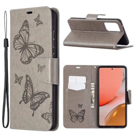 Butterfly Samsung Galaxy A72 5G nahkakotelo - Harmaa Silver grey