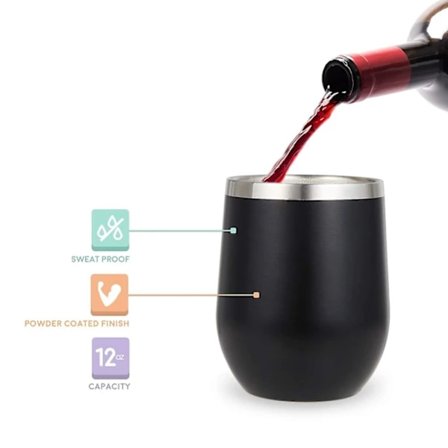 12 Oz Vinglas i rustfrit stål med låg, vakuumglas 2 stk