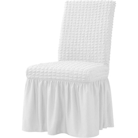 Ruokatuolin päällinen 1-osainen joustava valkoinen ruokasalituolin päällinen asuntolan tuolinpäällinen liukumaton pestävä huonekalusuoja hameella 