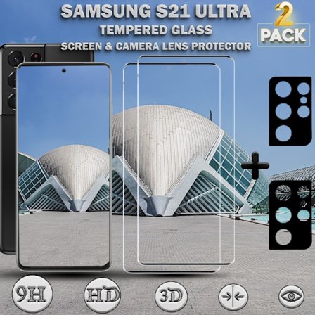 2-Pack SAMSUNG S21 ULTRA Näytönsuoja & 2-Pack linssinsuoja - Karkaistu Lasi 9H - Super laatu 3D