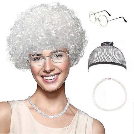 Gammal Dam Peruk, Granny Cosplay Peruk Med Hår, Halloween Kostym (FMY)