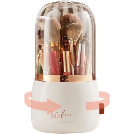 Makeup Børsteholder Organizer med Låg 360 Roterende Støvtæt Makeup Børster Organizer Kosmetik Opbevaring til Toiletbord og Badeværelse