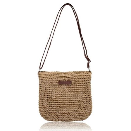 Stråtaske til Kvinder, Lille Crossbody-taske til Sommerstranden med Lynlås og Justerbar Skulderrem, Bohovævet Håndlavet Skuldertaske (Khaki) Khaki
