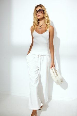 NA-KD Pantalon court fuselé à cordon de serrage - Pantalons en lin - Blanc - EU 40